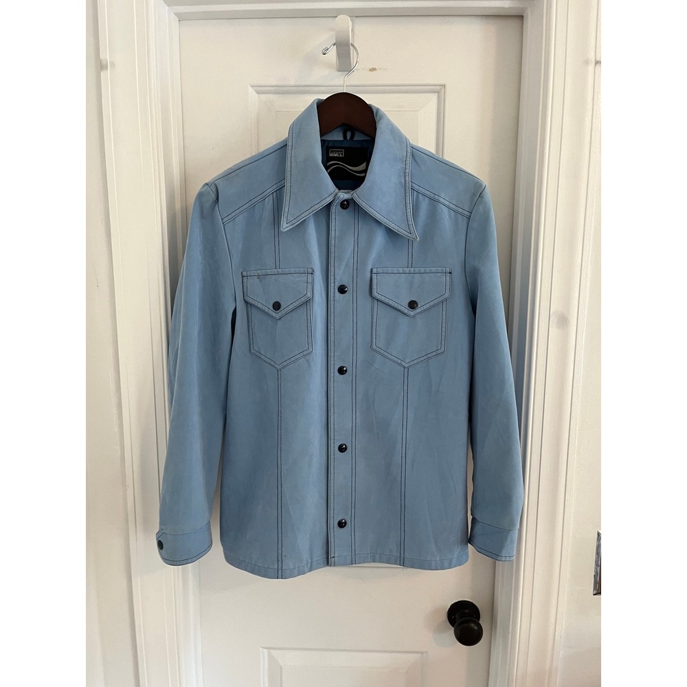 Vintage Montgomery Ward Men Blue Faux Suede Snap Front Shirt Jacket M 70s